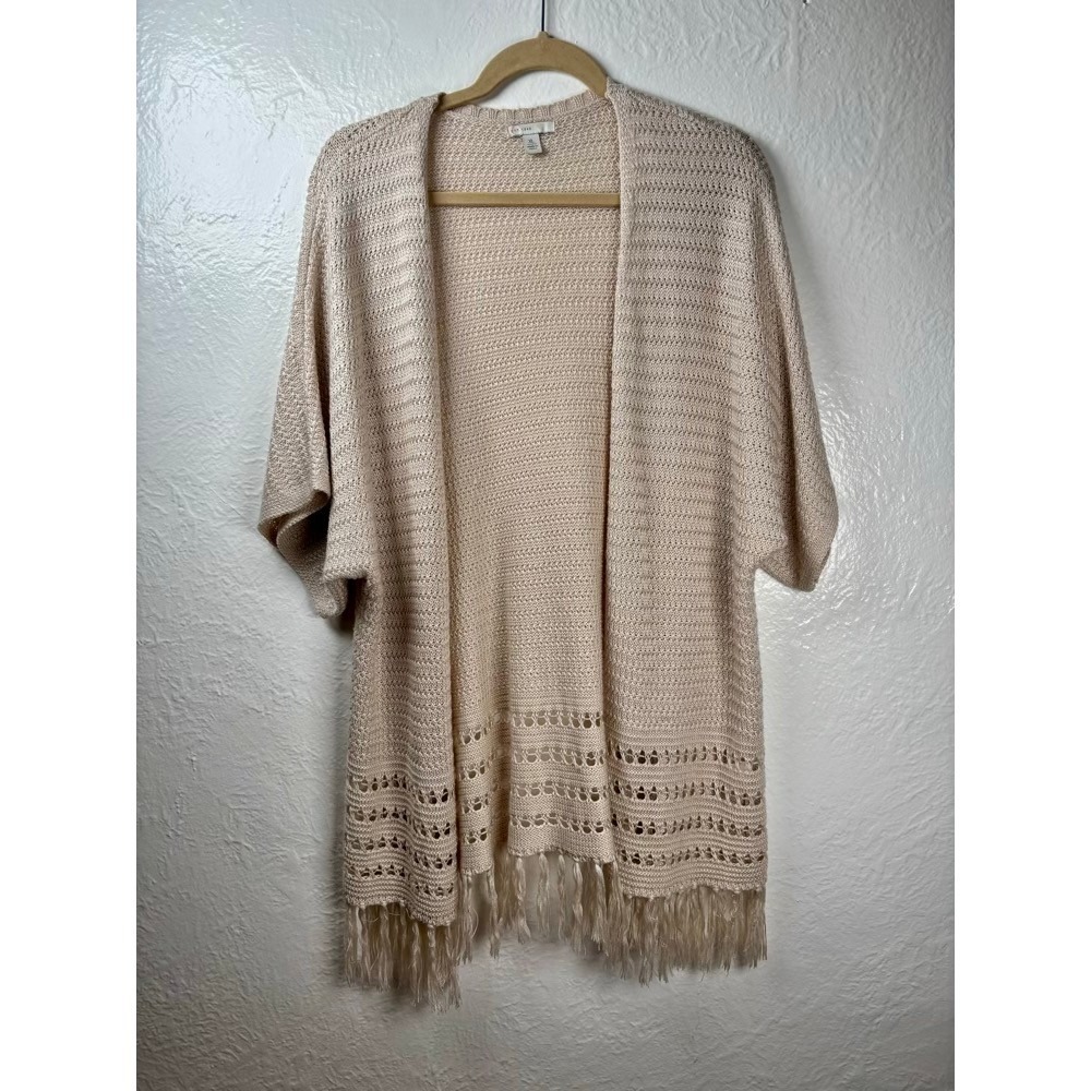 Cardigan Womens XL Cream Boho Fringe Crochet Open Front Festival‎ Cottagecore